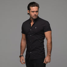 Load image into Gallery viewer, Father Sons Super Slim Stretch Classic Black Grandad Collar Short Sleeve - FS173