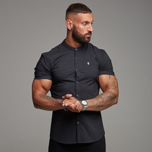 Load image into Gallery viewer, Father Sons Super Slim Stretch Classic Black Grandad Collar Short Sleeve - FS173
