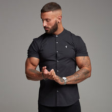 Load image into Gallery viewer, Father Sons Super Slim Stretch Classic Black Grandad Collar Short Sleeve - FS173
