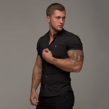 Load image into Gallery viewer, Father Sons Super Slim Stretch Classic Black Grandad Collar Short Sleeve - FS173
