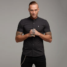 Load image into Gallery viewer, Father Sons Super Slim Stretch Classic Black Grandad Collar Short Sleeve - FS173
