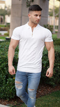 Load image into Gallery viewer, Father Sons Classic White and Gold Zip Knitted Short Sleeve Polo Shirt - FSH175
