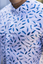 Load image into Gallery viewer, Father Sons Super Slim Stretch Blue Feather Print Button Down - FS595
