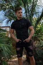 Load image into Gallery viewer, Father Sons Super Slim Stretch Classic Black Grandad Collar Short Sleeve - FS173
