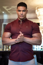 Load image into Gallery viewer, Father Sons Super Slim Stretch Burgundy Denim Short Sleeve with Metal Decal Emblem - FS629
