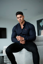 Load image into Gallery viewer, Father Sons Super Slim Stretch Navy &amp; Red Ditsy Print Long Sleeve (Red Embroidery) - FS092R
